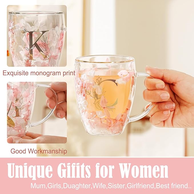 Personalized Gifts for Women Flower Double Wall Glass Coffee Mug Initial Tea cup Monogrammed Customized Bridesmaid Bride Wedding Gift Graduation Gifts Valentine Mother's Day Birthday Christmas Gift(C)