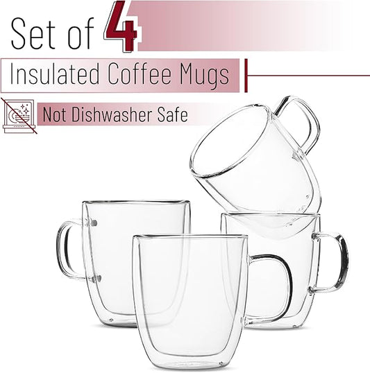 BTaT- Double Walled Glass Coffee Mugs, 12 oz, Set of 4, Glass Coffee Cups with Handle, Insulated Clear Coffee Mug for Hot Beverages, Cappuccino, Latte, Tea, Americano, Microwave & Freezer Safe