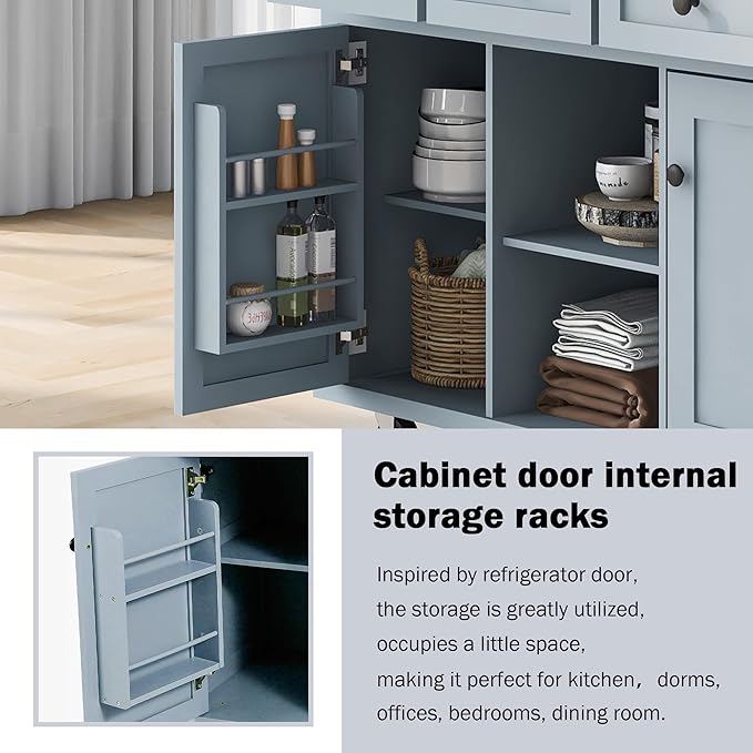Rolling Kitchen Island with 2 Bar Stools, Drop Leaf, Cabinet Door Storage Racks & 3 Drawers, Mobile Kitchen Cart with Rubberwood Top & Locking Wheels for Dining Room & Kitchen, 53-Inch, Grey Blue