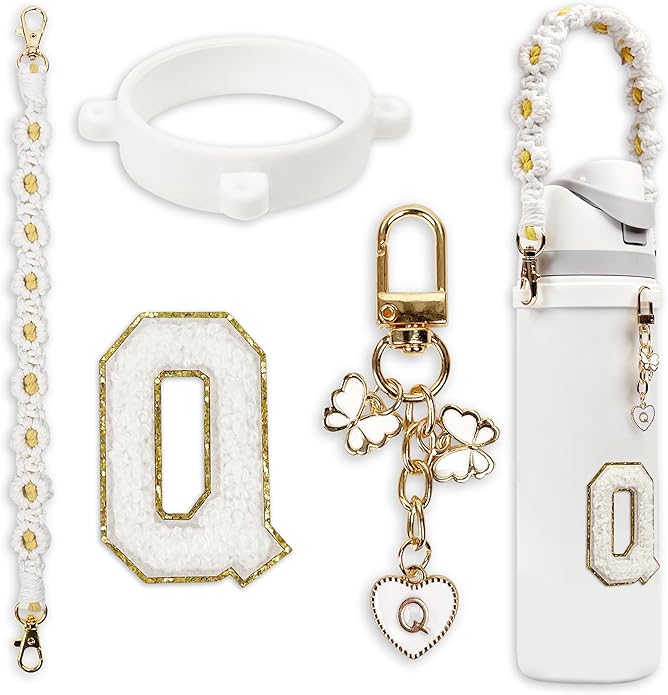 Compatible with Owala Water Bottle Accessories, Cute Letter Charm Set with Boho Handle Strap, Monogram Sticker, Silicone Ring, Keychain Decoration, for FreeSip 24 32 40oz, Owala Kids, Tumbler Gift