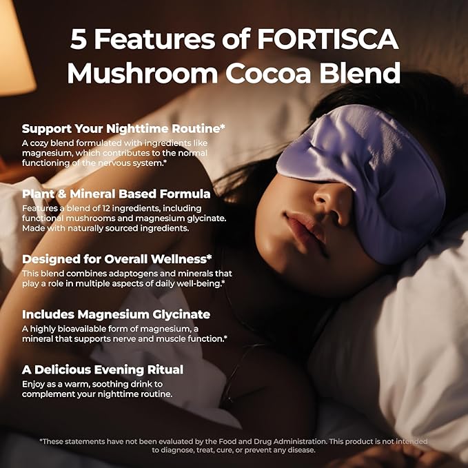Mushroom Hot Cocoa Powder with Magnesium Glycinate, L-Theanine, Reishi, Tryptophan, Ashwagandha Etc, Sleep Hot Chocolate Supplement for Calm, Relax, Sleep & Stress Support, Mushroom Coffee 7.41oz