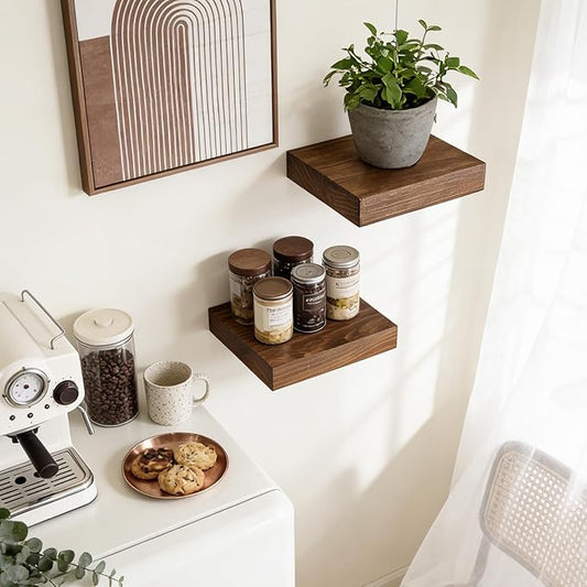 Floating Wall Shelves 6.8x6.8x1.7 Inch – Solid Wood Square Shelves in Dark Oak Finish – Rustic Mini Display Shelves for Entryway, Bathroom, Small Spaces – Set of 2