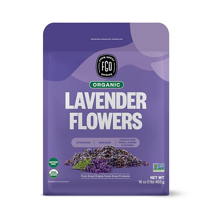 FGO Organic Dried Lavender Flowers, Extra Grade Dried Buds, Imported From France for Culinary or Sachet Bags, 16oz Bulk, Packaging May Vary (Pack of 1)