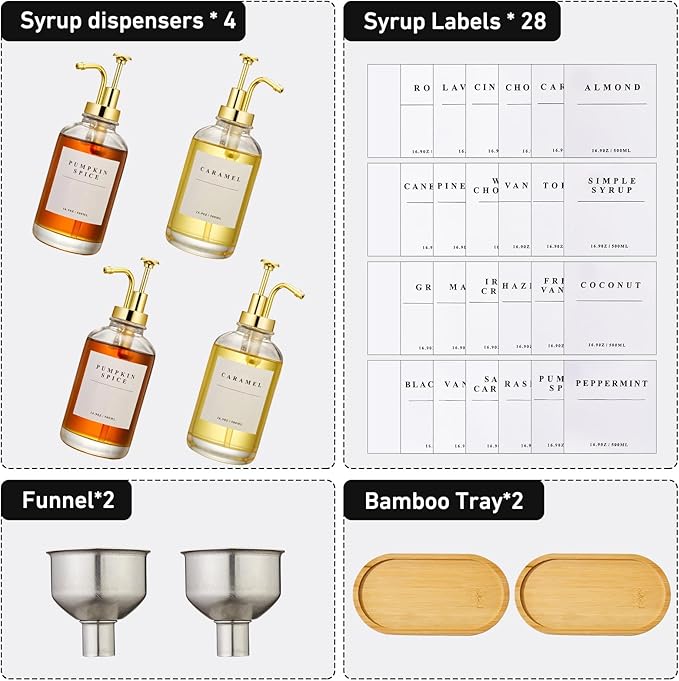 Coffee Syrup Dispenser for Coffee Bar, Coffee Syrup Pump Dispenser, Glass Syrup Bottle with Gold Upgraded Pump, 4 Pack 16.9 oz 500 ml Syrup Dispensers, 28 Labels and 2 Bamboo Tray