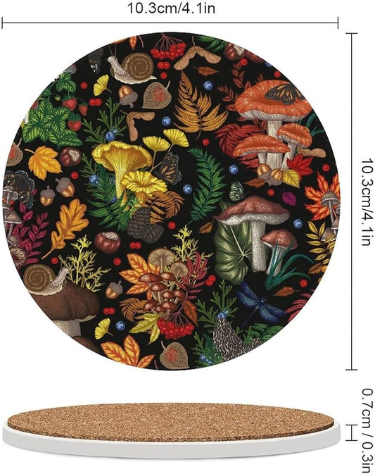 Round-6PCS Botanical Drink Coasters, Round Modern Ceramic Absorbent Coasters, Rustic Cartoon Abstract Botanical Mushroom Plants Pattern Decor Desk Coffee Table Coaster for Beverage Cup Tea Coasters