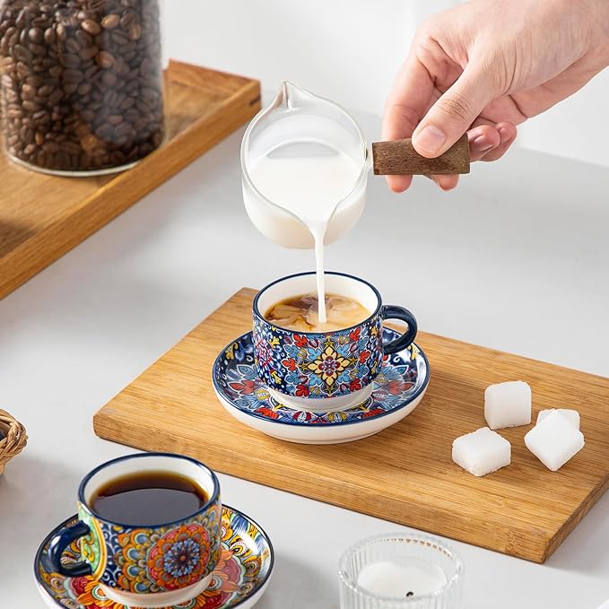 vancasso 2.5 Oz Stackable Espresso Cups with Saucers and Metal Stand Set of 4,Bohemian Ceramic Cappuccino Cups - Microwave and Dishwasher Safe, Perfect For Tea, Espresso, Latte, Cafe-01