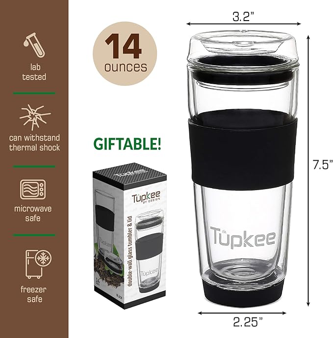 Tupkee Double Wall Glass Tumbler - 14-Ounce, All Glass Reusable Insulated Tea/Coffee Mug & Lid, Hand Blown Travel Mug - Black