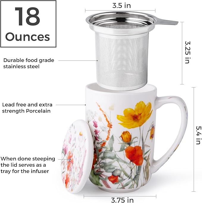 AmorArc Porcelain Tea Mug with Infuser and Lids, 18 Oz Large Cup Strainer with Bag Holder for Loose Leaf Tea, Steeping Coffee Mug for House-warming Wedding Birthday Gift