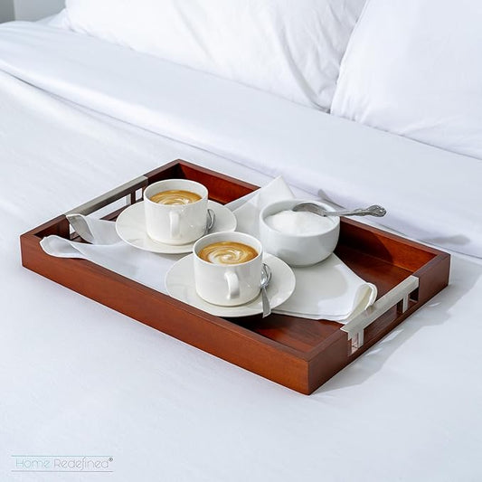 Acacia Wood Serving Tray with Silver Stainless Steel Metal Handles, 17.5x12 Food Drinks Tray for Coffee Table, Breakfast, Dinner & Bar, Decorative Storage Tray for Ottoman, Kitchen, by Home Redefined