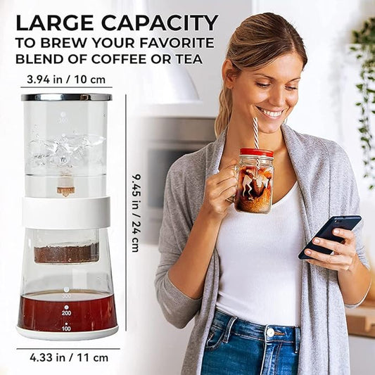 Ice Drip Coffee Maker 14oz Cold Brew Coffee Smooth Dripper Slow Cold Drip Iced Coffee Concentrate Brewer with Adjustable Water Flow, Stainless Steel Filter