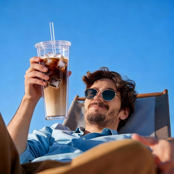 24oz Tumbler with Lid and Straw, Leak Proof and Double Wall Insulated Reusable Plastic Cups,Travel Reusable Iced Coffee Cup (1, Transparent)