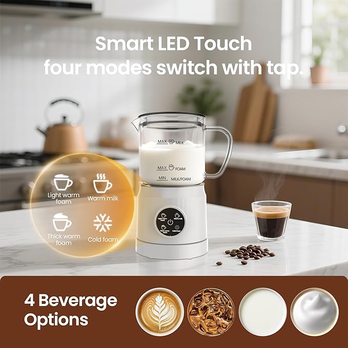 4-in-1 Milk Frother, Electric Milk Frother and Steamer with LED Touch Screen, Ceramic Lining Bottom, Milk Warmer 13.52oz for Lattes, Cappuccinos, and Macchiatos at Home, White