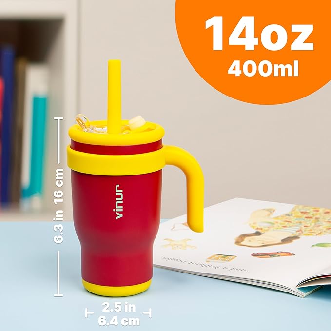 VINUR Kids 14 oz Tumbler with Handle and Straw Lid | Leak Resistant | Reusable Stainless Steel Insulated Tumbler Travel Water Mug with Rubber Base-Cup Holder Friendly, Canyon Red