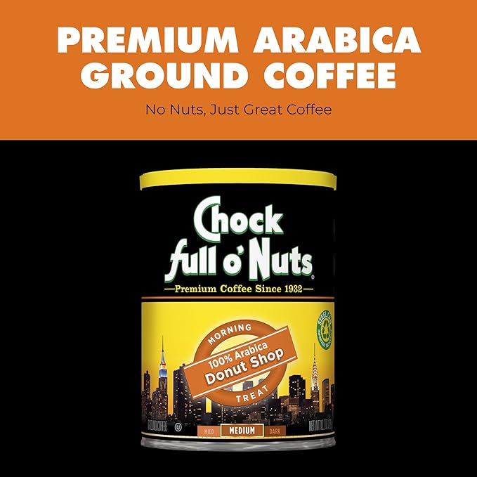 Chock Full o’Nuts Donut Shop Roast Ground Coffee, Light Roast - Arabica Coffee Beans – Mildly Roasted, Smooth-Flavored Breakfast Blend (10.2 Oz. Can)