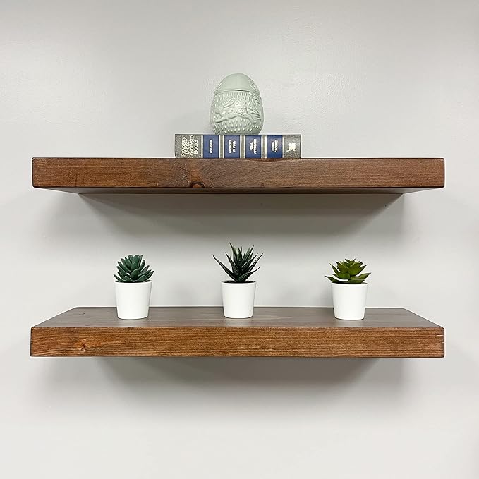 URBANDI, Rustic Floating Shelves, Set of 2, Hidden Bracket, Solid Wood, Heavy Duty, Wall Mounted Shelves, (Provincial, 12Wx8D)