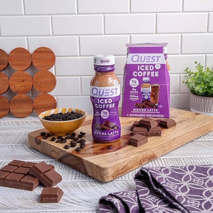 Quest Nutrition Iced Coffee, Mocha Latte, 1g of Sugar, 10g of Protein, 90 calories, 200mg of caffeine, 12 Count