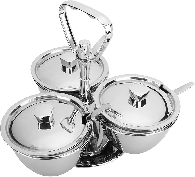 Stainless Steel Sugar Bowl, Seasoning Jar Container, Rotating Condiment Jar Rack Set with Cover for Kitchen Countertop Cabinet