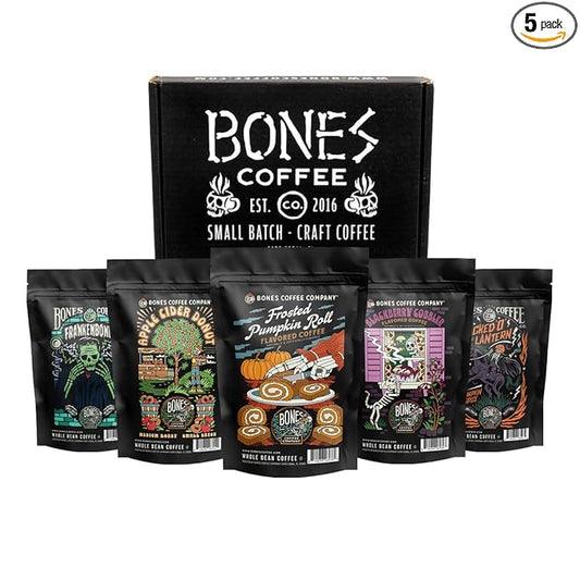 Bones Coffee Company Fall Favorites Pack, 5 Assorted Flavored Coffee Low Acid Medium Roast Arabica Beans Specialty Coffee Gifts, Auto Drip and French Press Compatible, 4 oz Pack of 5 Ground