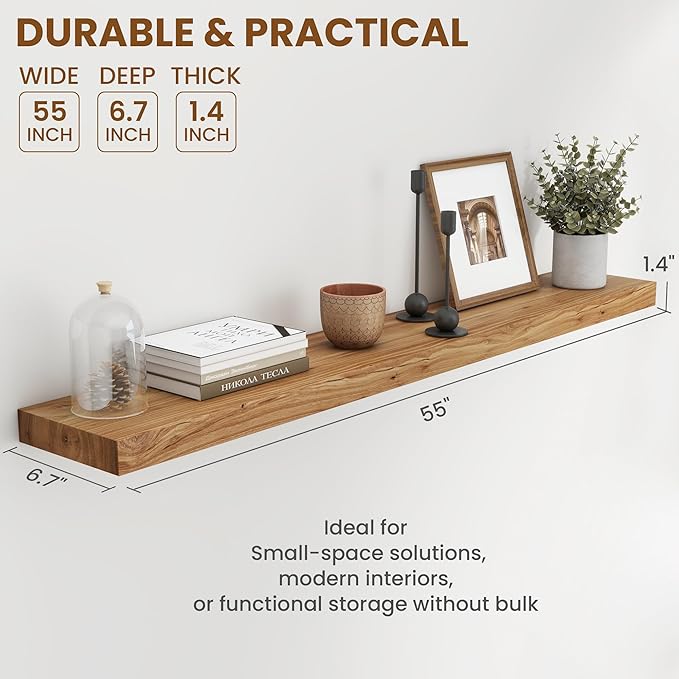 55 inch Floating Shelves for Wall, Rustic Solid Elm Wood Floating Shelf, Wall Mounted Long Wall Shelves for Bedroom, Kitchen, Living Room and Bathroom, Real Dark Wood Shelf for Home, Natural