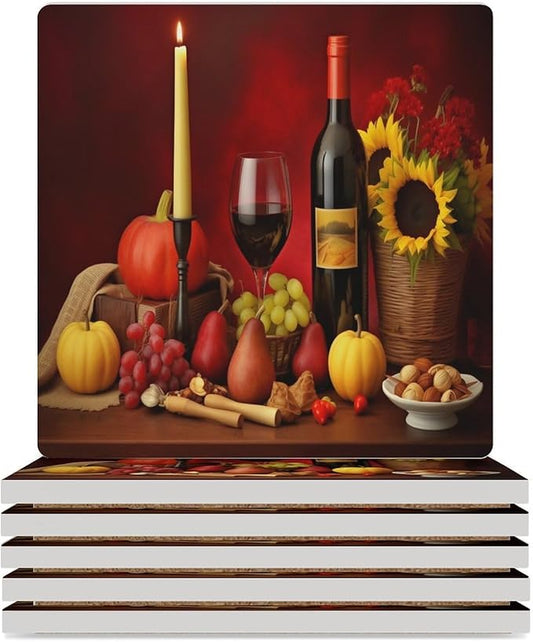 Square-6PCS Red Wine Ceramic Coasters, Square Absorbent Drink Coasters, Vintage Style Floral Red Wine Grapes Sunflower Ceramic Table Coasters for Coffee, Beverage, Wine, Beer Coasters