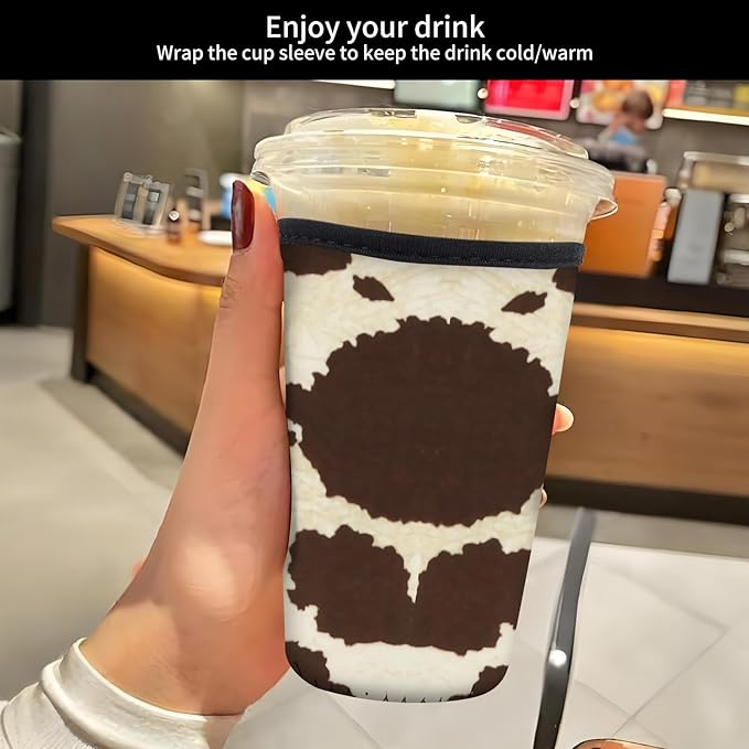 Reusable Neoprene Insulator Sleeve for Iced Coffee Cold Soda Cups, Cute Durable Drink Sleeve for Cold Beverages, Medium 22-28oz Cup Sleeve Cute Cowhide Print