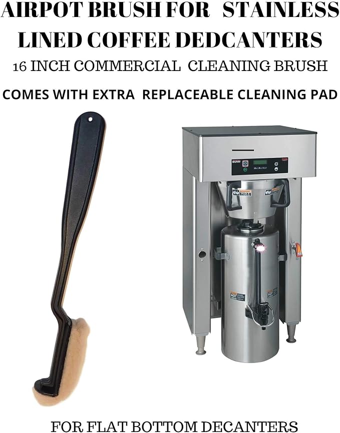 LONG HANDLE 16" COFFEE AIR POT/DECANTER URN CLEANING BRUSH FOR STAINLESS LINED THERMAL CARAFES COMMERCIAL USE UNBREAKABLE REPLACEABLE CLEANING PAD