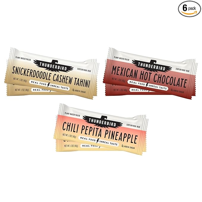 Thunderbird Bars Energy Snack, Gluten-Free with Protein, Healthy Real Food, Vegan Paleo Non-GMO, No Added Sugar, Sweet Spicy Savory Variety Flavor Pack (6 Count, 2 of Each Flavor, 1.7 oz. Bars)