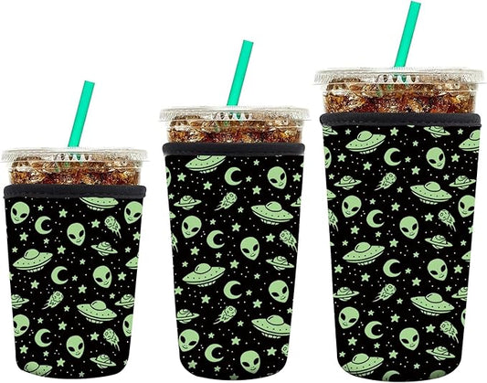 3 Pack Reusable Neoprene Insulator Sleeve for Iced Coffee Cups, Funny Coffee Cup Sleeves for 16-32oz Coffee cups, Cute Drink Sleeve for Cold Hot Beverages Cute Green Alien