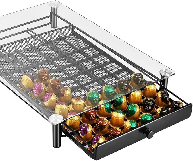 Metal Frame Glass Coffee Pods Organiser Drawer Large Capacity Espresso Storage Drawer for Kitchen or Office Rusts Coffee Holder for Kitchen