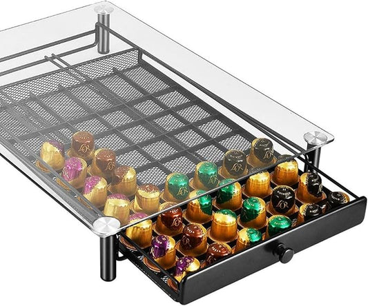 Metal Frame Glass Coffee Pods Organiser Drawer Large Capacity Espresso Storage Drawer for Kitchen or Office Rusts Coffee Holder for Kitchen