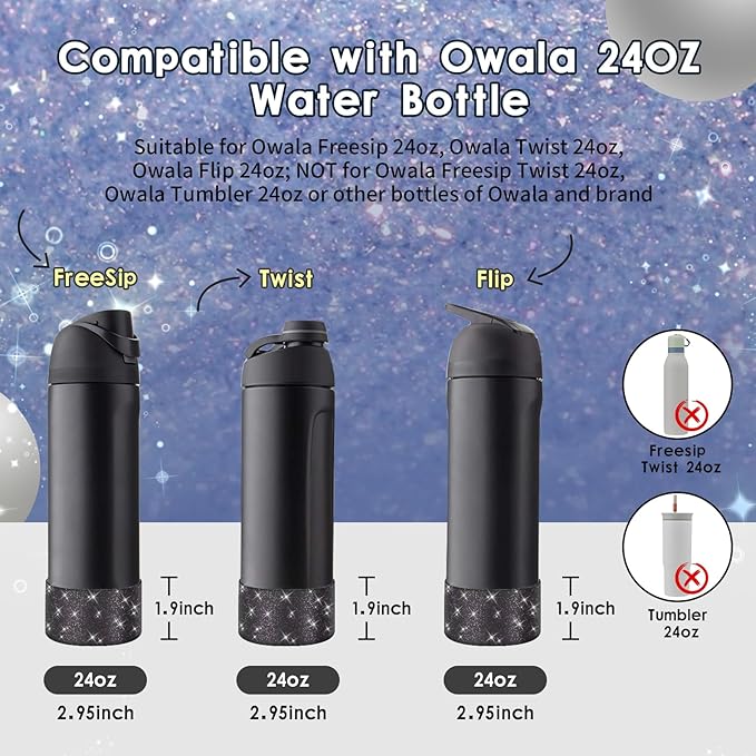 Protective Glitter Silicone Boot Compatible with Owala 24oz 32oz 40oz, Bling Cup Sleeve Bottom Bumper Cover Compatible with Owala FreeSip, Twist, or Flip Stainless Steel Water Bottles