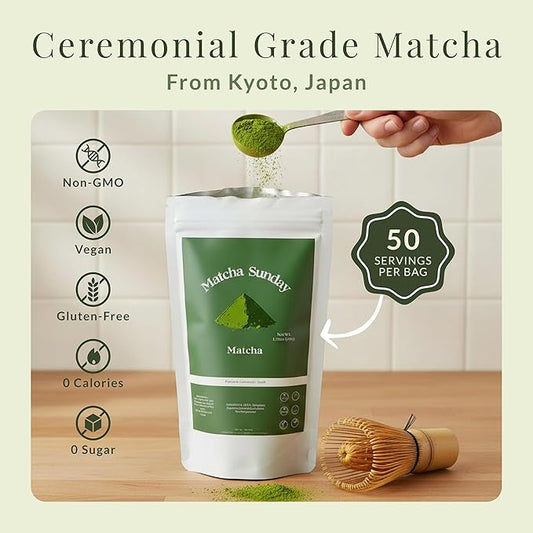 Matcha Sunday Ceremonial Grade Matcha - Kyoto, Japan - Finely Ground Green Tea Powder - Vibrant Green (50g/ 1.75oz) - Bag