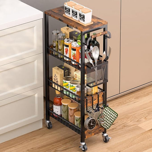 Slim Rolling Storage Cart, 4 Tier Small Organizer Cart with Wheels, Metal Utility Shelf Kitchen Bathroom Laundry Room Organization Trolley with Handle for Narrow Space (9.1" Overall Width)