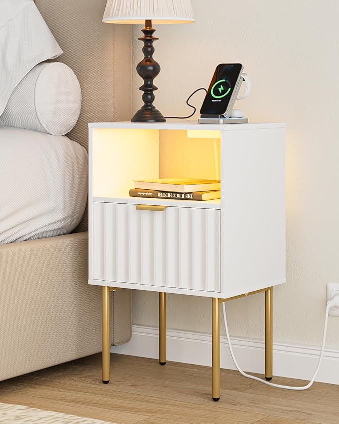 Nightstand with Charging Station and LED Lights, Modern White Bedside Table with Fluted Panel Drawer and Gold Legs, Side Table with USB Ports & Outlets for Bedroom, Living Room