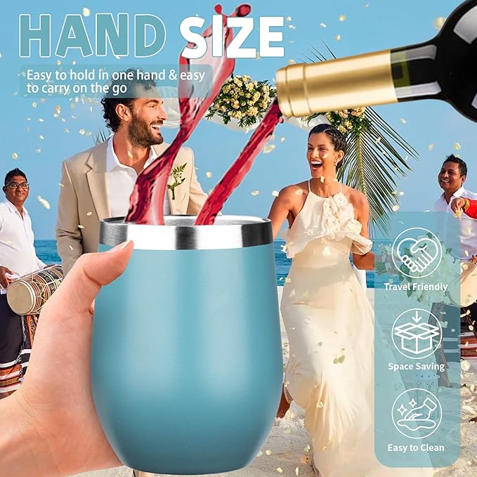 12oz/4 Pack Stainless Steel Wine Tumbler with Lid and Straw, Double Wall Vacuum Insulated Wine Tumbler Glasses, Stemless Travel Mugs for Hot and Cold Drinks, Coffee, Wine, Cocktails (Maya Blue)