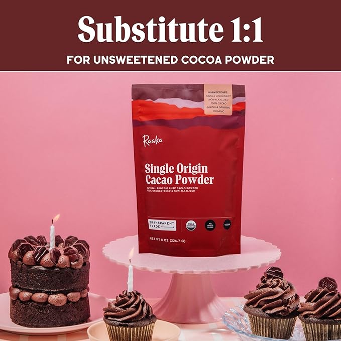 Raaka Chocolate Organic Cacao Powder - Unsweetened, Non-Alkalized, Perfect for Baking, Substitute for Cocoa Powder - Gluten-Free, Soy-Free, Sugar-Free, Allergen-Friendly - 8oz Resealable Bag