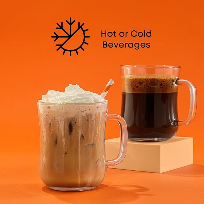 JoyJolt Glass Coffee Cups - 15.5oz Diner Mugs Set of 6. Bar Accessories, Cafe Style Clear Mug, Cappuccino, Latte, Tea Cup, Large Espresso Glasses
