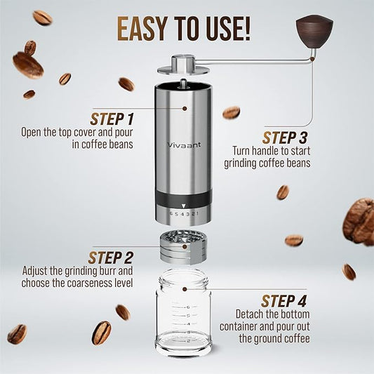 Vivaant Coffee Grinder Manual Capacity 32g - Stainless Steel Conical Burr Coffee Grinder Hand, Manual Coffee Grinder Espresso with Adjustable Settings, Portable Coffee Bean Grinder for French Press