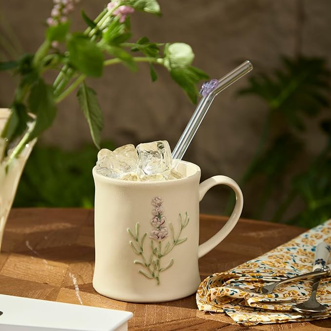 Artisanal Handcrafted Ceramic Mug with Sage Botanical Design - 10oz Off-White Stoneware Coffee Cup, Elegant Purple Sage Pattern, Dishwasher Safe, Comfort Grip Handle for Daily Use-2pack