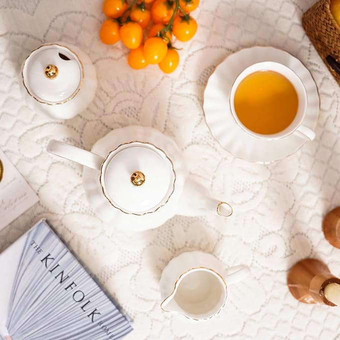 Ceramic Sugar and Creamer Set, 3 Piece with Cream Pitcher, Sugar Bowl with Lid and Spoon,Coffee and Tea Serving Set (White with gold line)