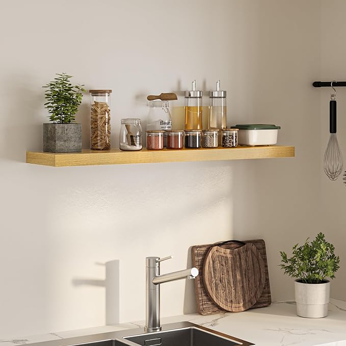 Floating Shelves for Wall, 48" W x 9.3" D x 1.5" H, Wooden Wall Mounted Display Shelves with Invisible Brackets for Living Room, Bedroom, Bathroom, Kitchen Decor and Storage, Set of 1, Oak