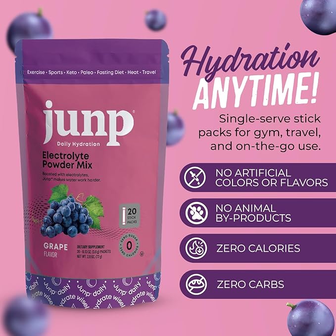JUNP Sugar Free Electrolytes Powder Packets for Water Salt & Potassium Instant Hydration Packets, Zero Calorie No Carbs No Sugar Electrolyte Drink Mix Sticks, Keto Friendly, Vine Ripened Grape 5 Pack