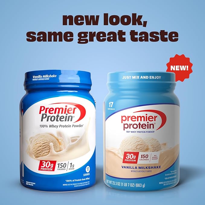 Premier Protein Powder, Vanilla Milkshake, 30g Protein, 1g Sugar, 100% Whey Protein, Keto Friendly, No Soy, Gluten Free, 23.3 oz (17 Servings)