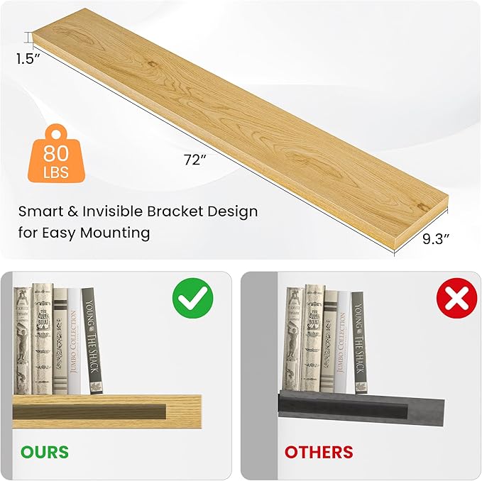 Floating Shelves for Wall, 72"W x 9.3"D x 1.5"H, Long Wooden Wall Mounted Display Shelves with Invisible Brackets for Living Room, Bedroom, Bathroom, Kitchen Decor and Storage, Set of 1, Oak