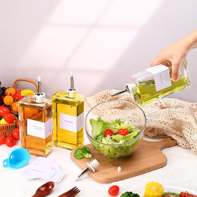 3 Sets Olive Oil Dispenser Bottles for Kitchen with Nozzles Funnel Labels Cooking Oil Dispenser 500ml Set for Kitchen Vinegar Coffee Syrup (Silver)