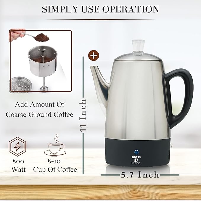 Moss & Stone Percolator Coffee Pot Electric 10 Cup, Stainless Steel Coffee Maker. With Keep Warm Function, 10 Cups Stainless Steel Percolator With Coffee Basket