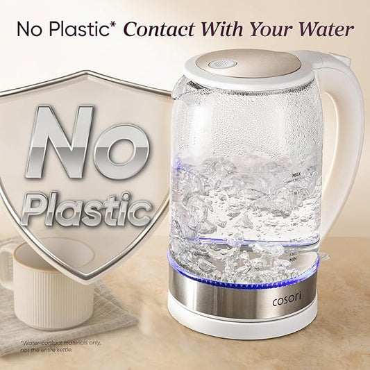 Cosori Electric Kettle, No Plastic Contact With Water, Wide Mouth For Easy Cleaning, Auto Shut Off, 1.7L Tea Kettle & Hot Water Boiler, Water Heater & Teapot, Borosilicate Glass, White, 1500W