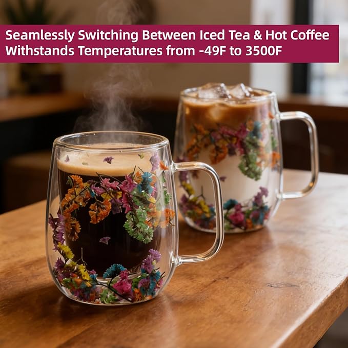 Dried Flowers Double Wall Insulated Coffee Mug, Borosilicate Glass Tea Cup with Real Flower Embedded, Heat Resistant Handle for Valentine's Day Birthday Gifts (pink,8.45oz)