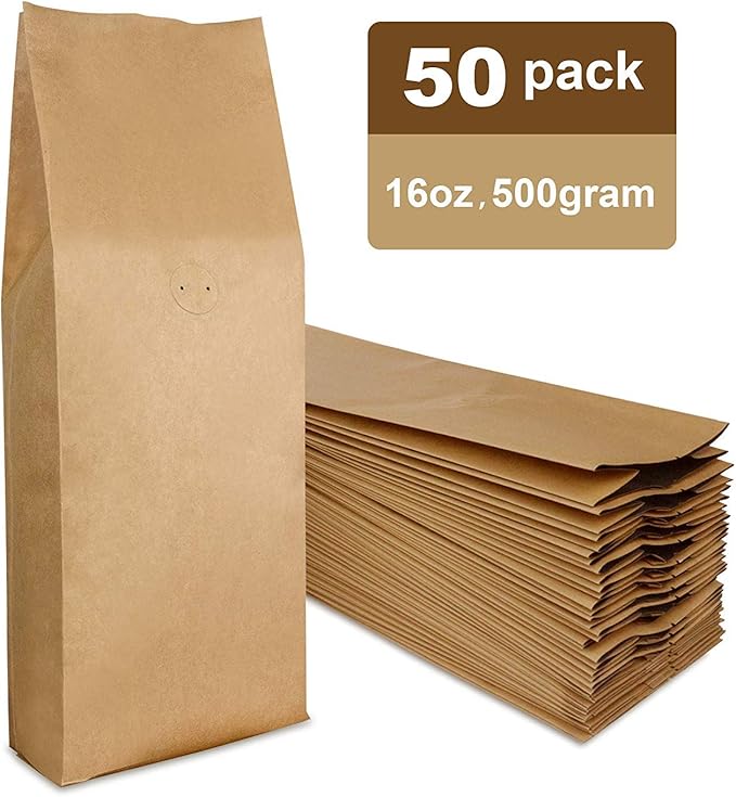 Kraft Paper Stand Up Coffee Bag/Side Gusset Pouch with Flat Bottom Coffee Beans Pouch with One Way Degassing Valve, 50 Pieces (Natural Kraft, 500g, 16oz, 1lb)