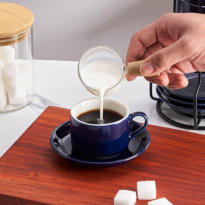 Meichu 2.5oz Porcelain Stackable Espresso Cups with Saucers and Metal Stand Set of 4, Stackable Espresso Cups Set of 4, Blue Expresso Shots Cup Set for Cappuccino, Coffee Drinks, Latte, Tea